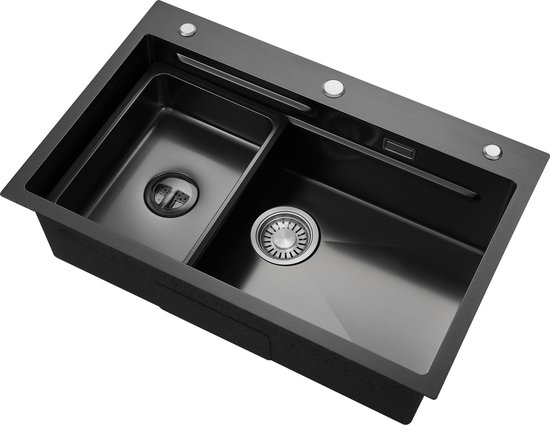 Cecipa Max Évier en acier inoxydable fait à la main – 70×45 cm – Design à double marche – Multifonctionnel – Incl. Plaque de décongélation & bac intérieur – Inox – À poser/à encastrer – Anthracite