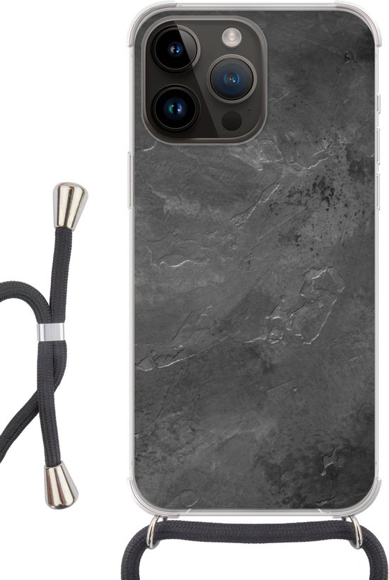 Convient pour Apple Iphone 14 Pro – Coque bandoulière – Structure – Ciment – Imprimé béton – Grijs – Vintage – Siliconen – Bandoulière – Coque arrière avec cordon – Coque téléphone avec cordon – Coque avec corde