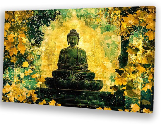 Bouddha aux feuilles d&rsquo;automne dorées – Peinture Bouddha sur toile – Peintures religieuses – Surréaliste – Peintures modernes – Décoration murale – toile 150×100 cm