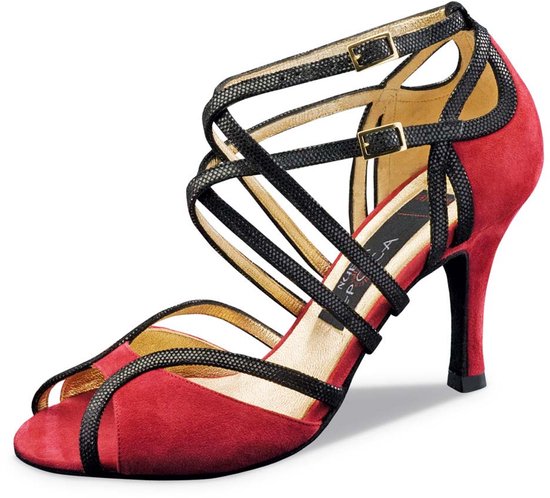 Chaussures de danse Nueva Epoca Cosima pour femme avec semelles en daim – Rouge et Zwart – Talons de 7 cm – Tango argentin, salsa, chaussures Latin – Brides multiples – Nueva Epoca – Zwart/Rouge – 38
