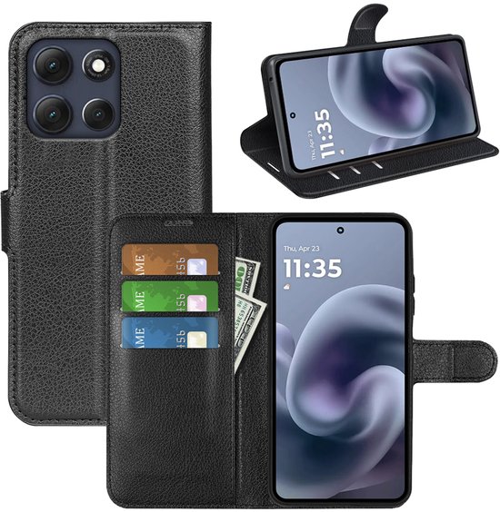Étui portefeuille en similicuir MobyDefend Motorola Moto G86 (fermeture frontale) – Zwart – Compatible avec : Motorola Moto G86