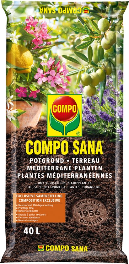 COMPO SANA Terreau Plantes Méditerranéennes – avec engrais effet 100 jours – pour des plantes saines et une belle floraison – gestion optimale de l&rsquo;eau – sac 40L