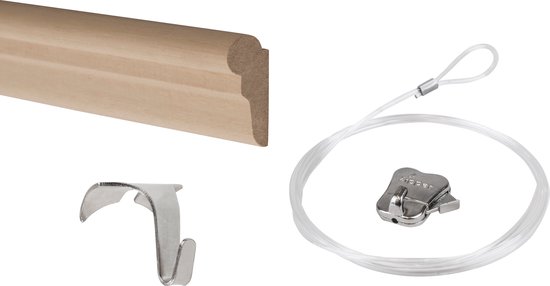 Cimaise en bois STAS – Système d&rsquo;accrochage Peintures / Cadres photo / Affiches – Barres de penderie – windsor 120cm + crochet pour lattes latérales alu + cordon avec boucle 150cm + crochet d&rsquo;accrochage pour tirette (ensemble complet)