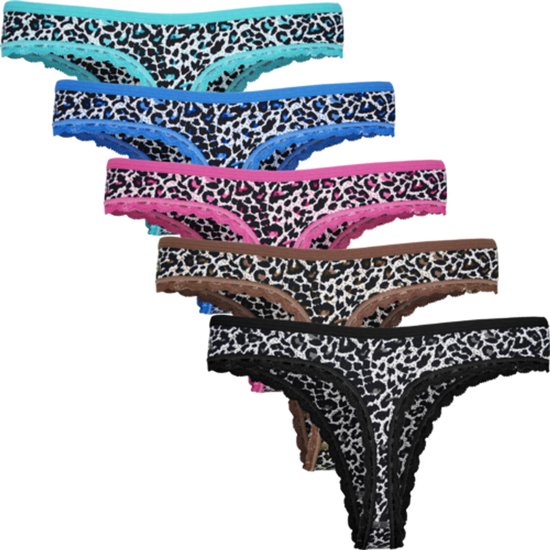 Fine Woman 803 Lot de 5 String pour femme – Imprimé panthère en Katoen – Lot de 5 – Taille XL
