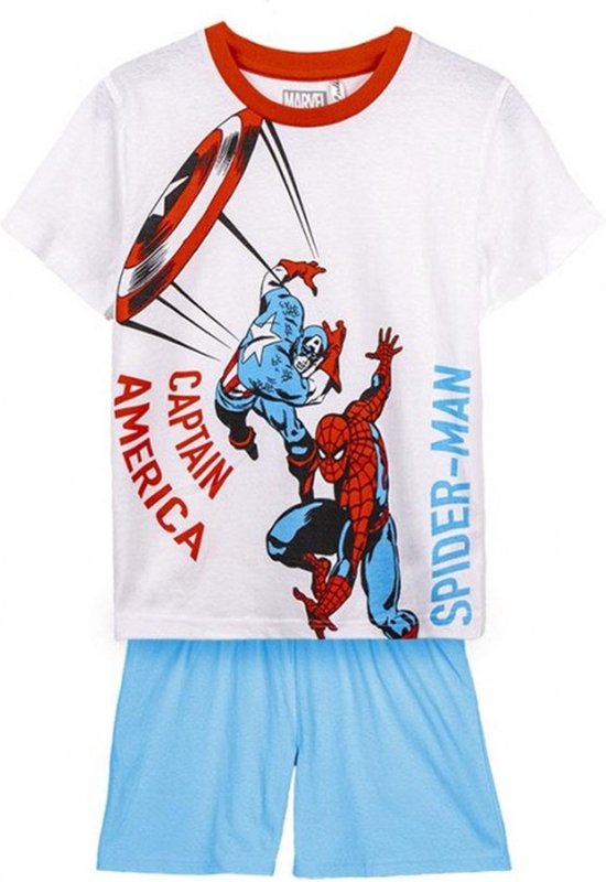 Avengers Spiderman – Pyjama court – Captain America – Wit bleu – 100% Katoen – dans boîte cadeau. Taille 116 cm / 6 ans.