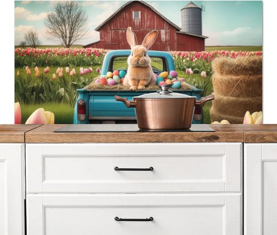 Crédence de Cuisinière en Aluminium 120×60 cm – Lapin – Ferme – Oeufs – Écran Pare-éclaboussures pour Plaque de Cuisson – Protection Murale