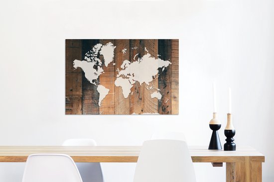Décoration murale Métal – Aluminium – Wereldkaart – Bois – Wit – 60×40 cm