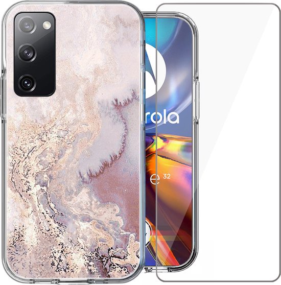 Coque adaptée pour Motorola Moto E32 / E32s – Protecteur d&rsquo;écran Glas – Coque Arrière Marbre Siliconen Case Rose & Protecteur d&rsquo;écran