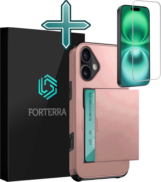 Coque pour iPhone 16 avec porte-cartes, coque rigide avec protecteur d&rsquo;écran – Coque arrière pour iPhone 16 avec porte-cartes – Or rose