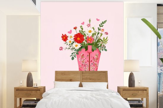 Behang – Fotobehang Cowboylaarzen – Roze – Boeket – Bloemen – Breedte 205 cm x hoogte 280 cm