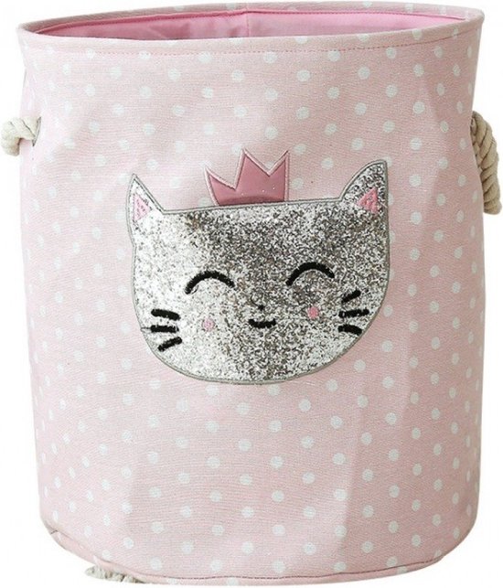 By Baboo – Panier à Jouets – Chat Glitter – Rose – Pois – 35cm x 40cm