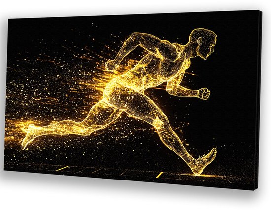 Coureur en mouvement doré – Art sur toile Énergie – Art mural coureur – Futuriste – Décoration murale industrielle – Art – toile 150×100 cm