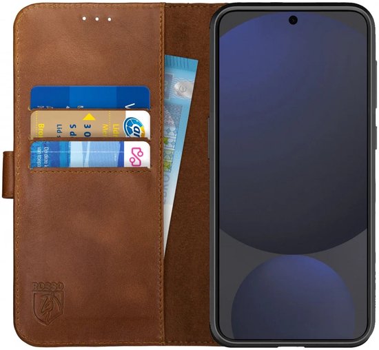 Étui en Cuir véritable Rosso Deluxe adapté au Samsung Galaxy S24 FE | Espace pour trois cartes | Étui portefeuille | Avec porte-cartes | Marron