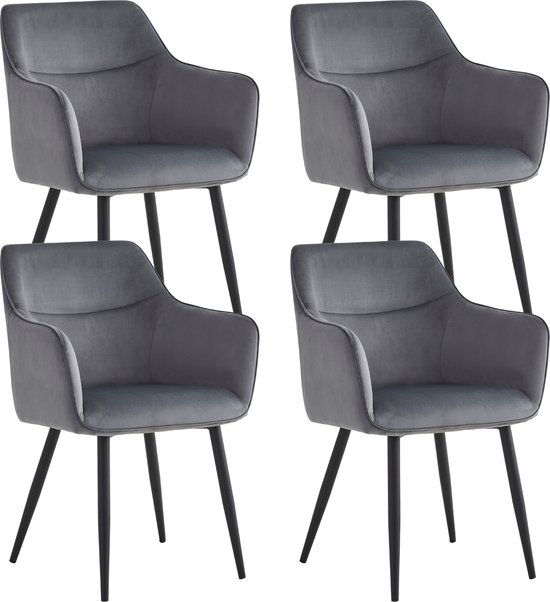 Colenis® – Chaise de salle à manger City – Set de 4 – Grijs – Velours – Industriel – Chaise – Design – Accoudoirs