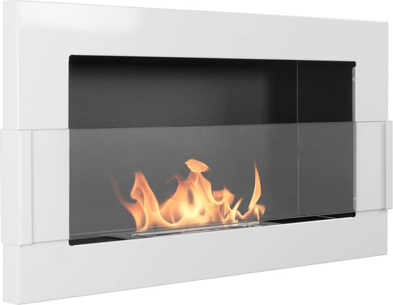 Cheminée murale bioéthanol 65×40 cm blanc brillant avec verre – cheminée d&rsquo;ambiance moderne sans conduit