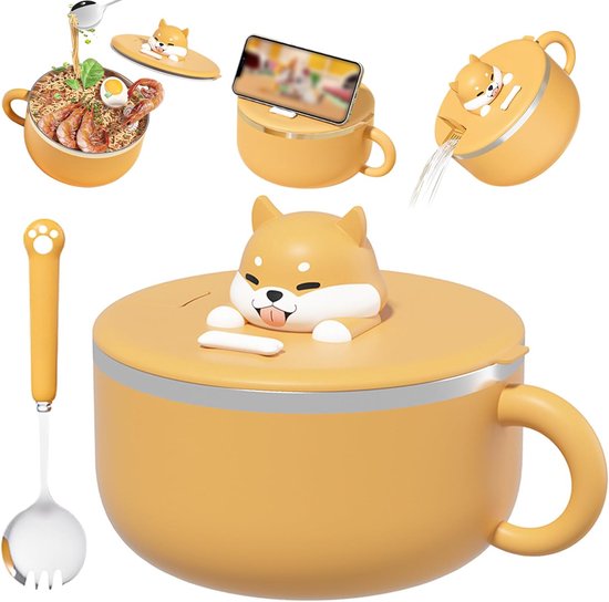 Bol à soupe et nouilles 1200 ml avec couvercle et cuillère – bol à cadre en acier inoxydable avec poignée et anneau d&rsquo;étanchéité en silicone – design jaune chien dessin animé