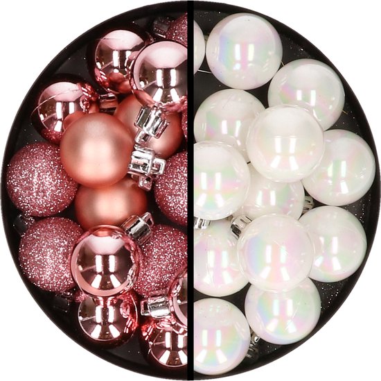 Boules de Noël 36x pièces – 3 et 4 cm – rose et blanc nacré – plastique