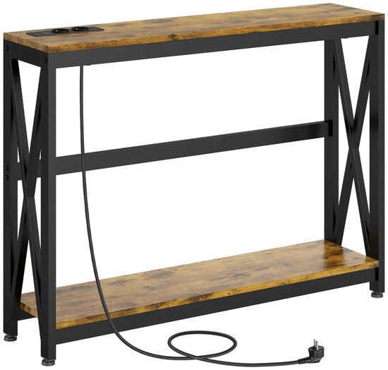 Console Roossentials – Industrielle – Table – Table d&rsquo;appoint étroite – Avec station de recharge – Bois – Marron rustique – Console pour couloir, salon ou entrée