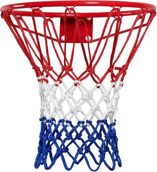 REWYTAZ-Filet de remplacement pour panier de basket-ball – Extra épais et anti-fouet – Résistant aux intempéries, inaltérable pour une utilisation en extérieur – Filet de basket-ball renforcé à 12 anneaux (rouge/blanc/bleu)