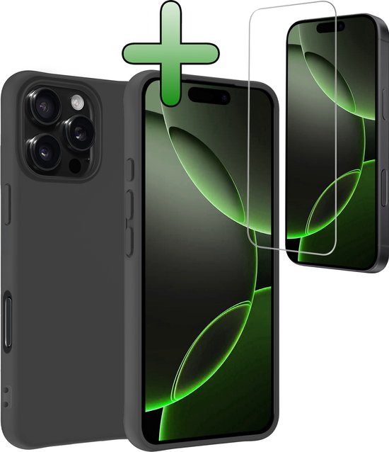 Coque adaptée pour iPhone 16 Pro Max – Coque arrière en Siliconen avec film protecteur d&rsquo;écran – Coque adaptée pour iPhone 16 Pro Max – Zwart