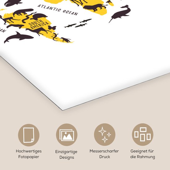 Cartes du monde du Wereldkaart – Animaux – Jaune – 60×80 cm