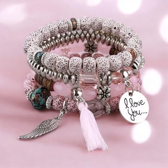 Bracelets Bohèmes I Love You 18 cm (couleur Rose) Set de 4 pièces
