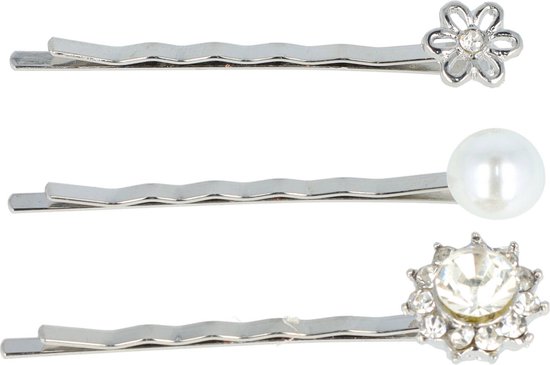 Barrettes en Épingle à Cheveux Bloem Perle Strass Argent 3 Pièces Pinces à cheveux Barrettes à Cheveux