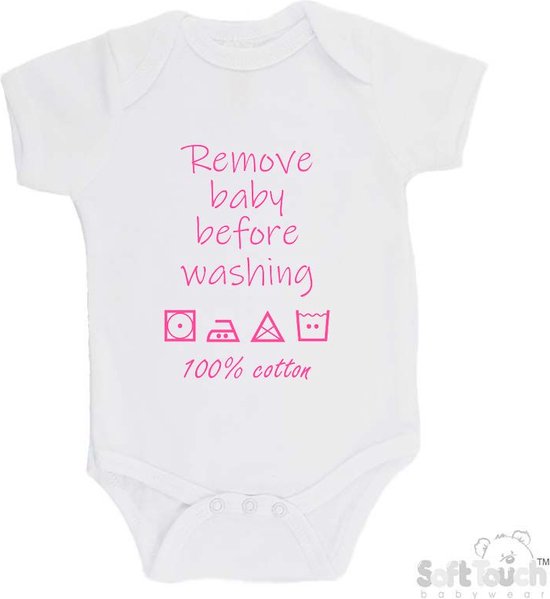 Barboteuse 100% coton « Enlever bébé avant lavage 100% coton » Filles Katoen Wit/rose Taille 68