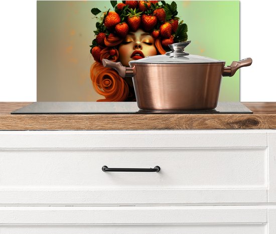 Crédence de Cuisinière en Aluminium 60×30 cm – Femme – Fraises – Couronne – Écran Pare-éclaboussures pour Plaque de Cuisson – Protection Murale