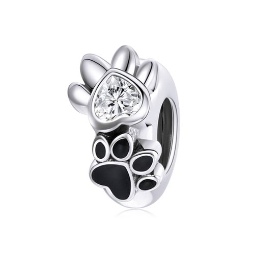 Charme pour Bracelet Pandora | Charme de patte d&rsquo;animal | Pattes d&rsquo;animaux | patte de chien | Patte de chat| | Charme Charm | 925 | Émail noir | Zircone transparente | Cadeau |