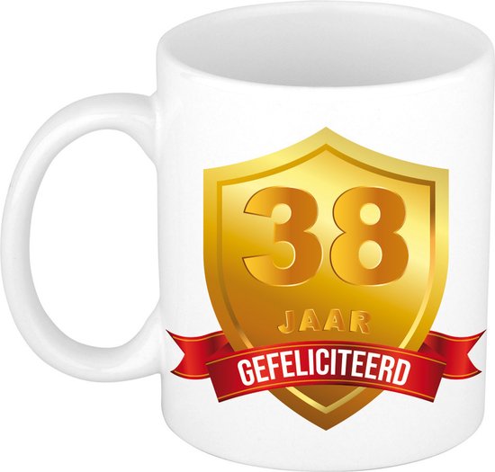 Félicitations 38 ans Gold Shield Jubilee / Anniversary Mug – Coupe de cadeau d&rsquo;anniversaire, anniversaire, 38 ans de service