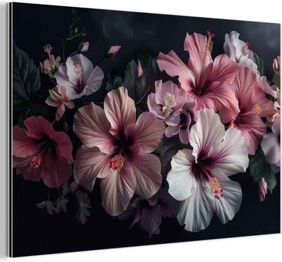 Décoration murale Métal – Peinture Aluminium Industriel – Fleurs – Hibiscus – Rose – Moderne – 120×80 cm – Dibond – Photo sur aluminium – Décoration murale industrielle – Pour le salon/chambre