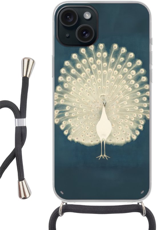Étui de téléphone adapté à iPhone 15 Plus – Vogel – Blauw – Vintage – Siliconen – Bandoulière – Coque arrière avec cordon – Étui de téléphone avec cordon – Étui avec corde Étui de téléphone