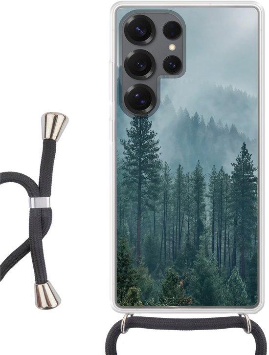 Coque de téléphone compatible avec Samsung Galaxy S25 Ultra – Forêt de conifères – Montagnes – Brouillard – Silicone – Crossbody – Backcover avec cordon – Coque de téléphone avec cordon – Coque avec corde Coque de téléphone