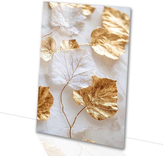 Feuilles dorées sur fond neutre – Tableaux en verre feuilles – Tableau nature – Minimalisme – Tableaux sur verre acrylique – Décoration salon – verre acrylique 40×60 cm