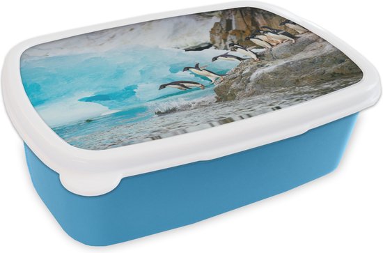 Boîte à lunch Blauw – Boîte à lunch – Boîte à lunch – Pingouins en Antarctique plongent dans l&rsquo;eau – 18x12x6 cm – Enfants – Garçon – Cadeau Sinterklaas – Distribution de cadeaux pour enfants – Chaussures cadeaux Sinterklaas
