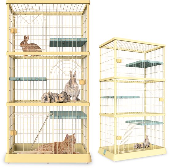 Cage pour chat MaxxPet – Clapier pour lapin – 3 portes – Sur roulettes – 92 x 62 x 174 cm – Jaune