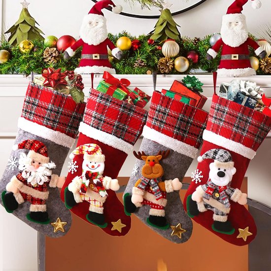 Chaussettes de Noël Sander Shop, lot de 4 chaussettes de Noël, pour cheminée, grandes bottes de Père Noël à remplir, sac cadeau, sac à bonbons, décoration de Noël, suspension pour sapin de Noël, décoration de Noël