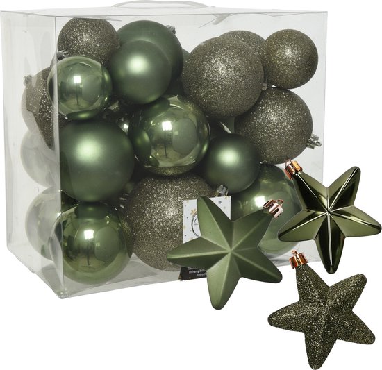 Boules de Noël et ornements étoiles – set 32x pièces – plastique – vert mousse