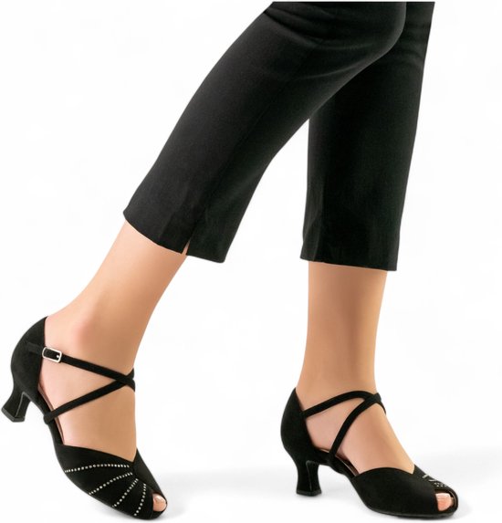 Chaussures de danse pour femmes Werner Kern Sonia en daim avec strass et bout ouvert – semelle intérieure confortable – talon de 5 cm – Danse de salon, Salsa, Danse de loisir – Werner Kern – Zwart – 34