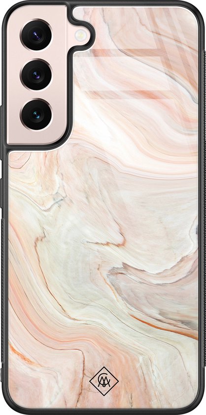 Coque Samsung Galaxy S22 en verre – Vagues marbrées – Marron / beige – Hard Case Zwart – Coque arrière pour téléphone – Water – Casimoda