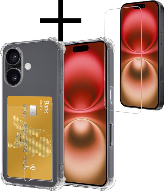 Étui adapté pour iPhone 16, étui avec porte-cartes, étui résistant aux chocs, étui en Siliconen avec porte-cartes et protecteur d&rsquo;écran – Transparent