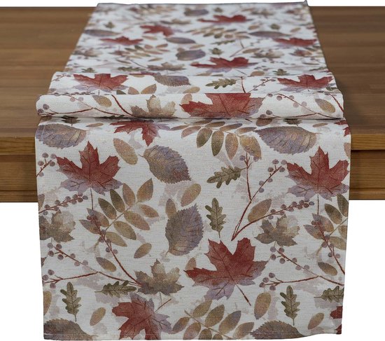 Chemin de table – Feuilles d&rsquo;automne – Imprimé – Vert – Rouge – avec fil pailleté doré – Chemin 140 cm