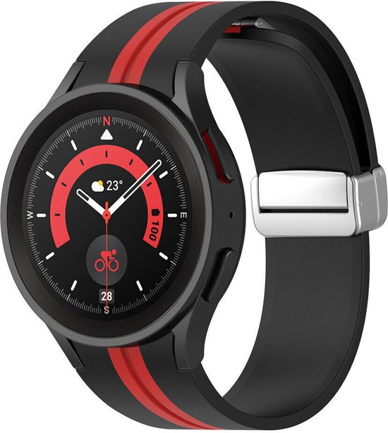 Bracelet Strap-it Smartwatch – bracelet de montre magnétique en silicone adapté pour Samsung Galaxy Watch 6 Classic / Watch 6 40 & 44mm / Watch 5 Pro / Watch 5 40 & 44mm / Galaxy Watch 4 & 4 Classic – noir/rouge