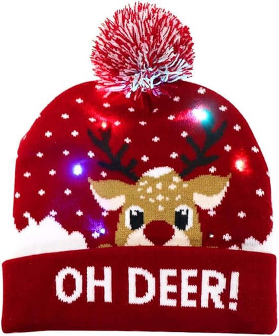 Bonnet LED de Noël, Bonnet Brillant de Noël Unisexe Tricoté Bonnet de Fête avec Empreinte de Renne (Rouge/Blauw)
