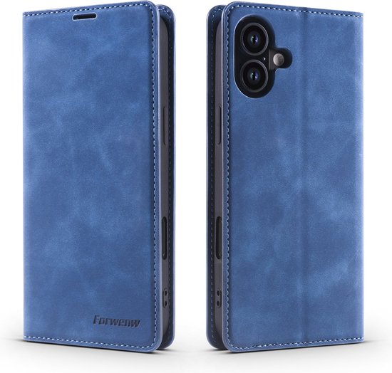 Étui portefeuille avec porte-cartes – Compatible avec iPhone 16 Apple – Étui Luxe de Bookcase avec fermeture magnétique et emplacements pour cartes – Blauw