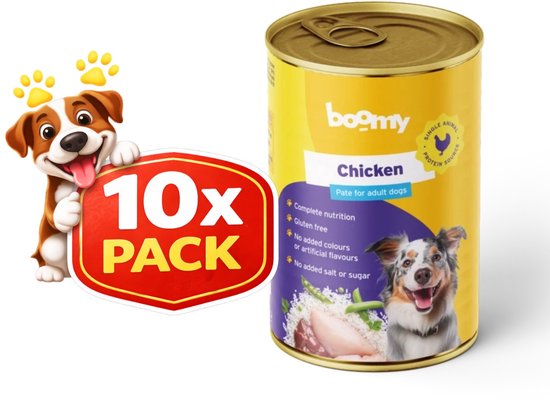 Boomy – Nourriture pour chiens – Nourriture humide pour chien – Nourriture en boîte pour chien – Mono protéine – Sans gluten – Goût poulet – Adult – 10 x 400g