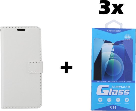 Coque pour iPhone 13 Mini – Bookcase – Espace pour 3 cartes – Similicuir – avec 3x Protecteur d&rsquo;écran trempé – SAFRANT1 – Wit