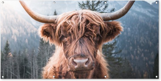Décoration murale extérieure Highlander écossais – Vache – Animaux – Berg – Nature – 160×80 cm – Toile jardin – Poster extérieur