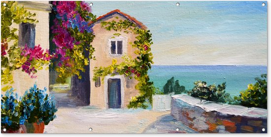 Décoration murale extérieure Peinture – Maison – Peinture à l&rsquo;huile – Village – 160×80 cm – Toile de jardin – Poster extérieur